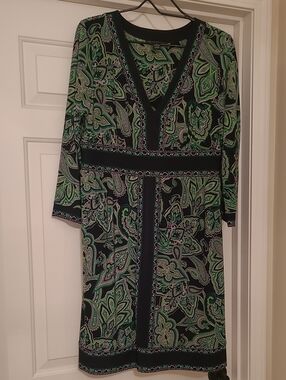 INC Green and Black Paisley V-Neck Dress XL